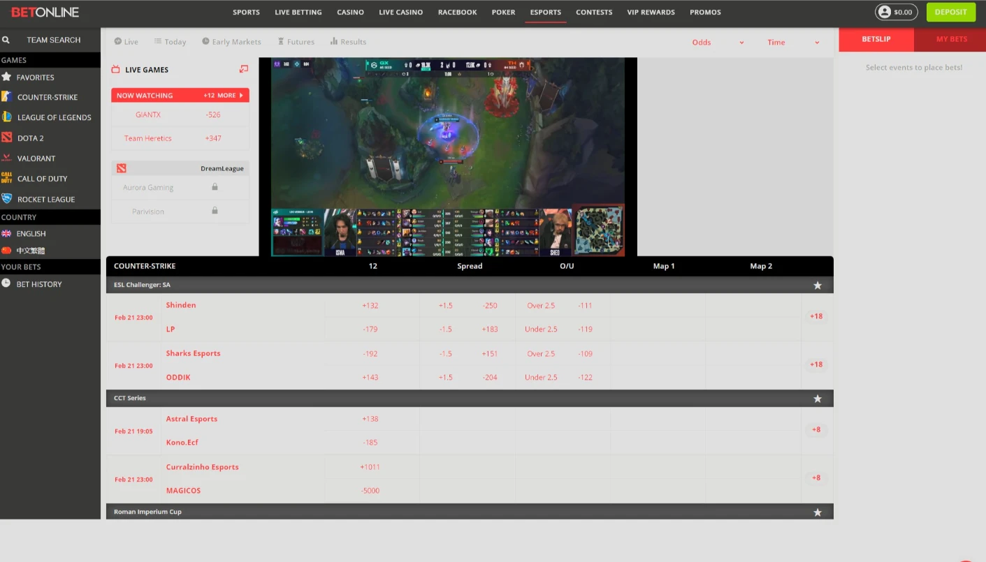 BetOnline Esports Live Streaming Hub