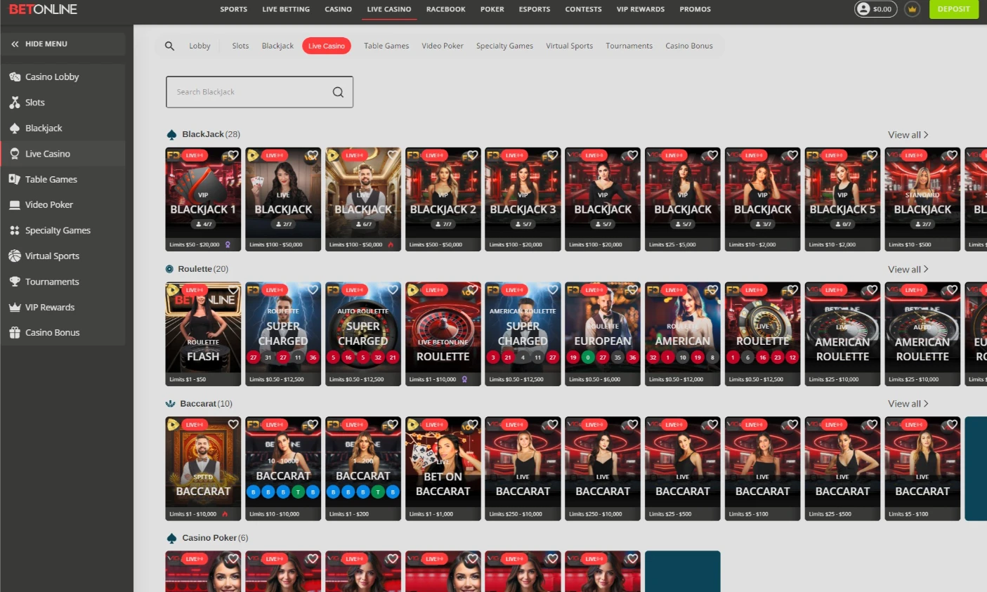 BetOnline Unified Live Dealer Casino Floor