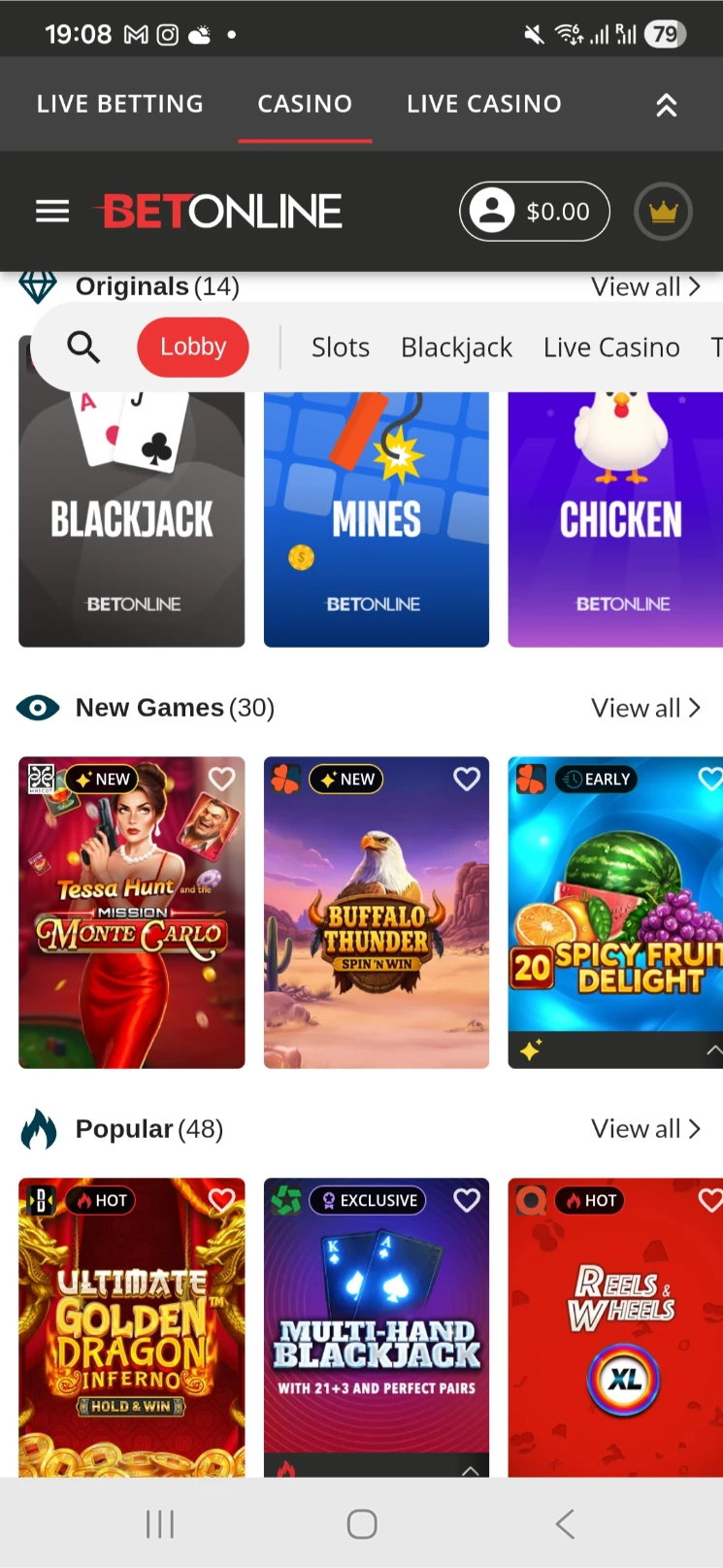 BetOnline Mobile Browser Interface