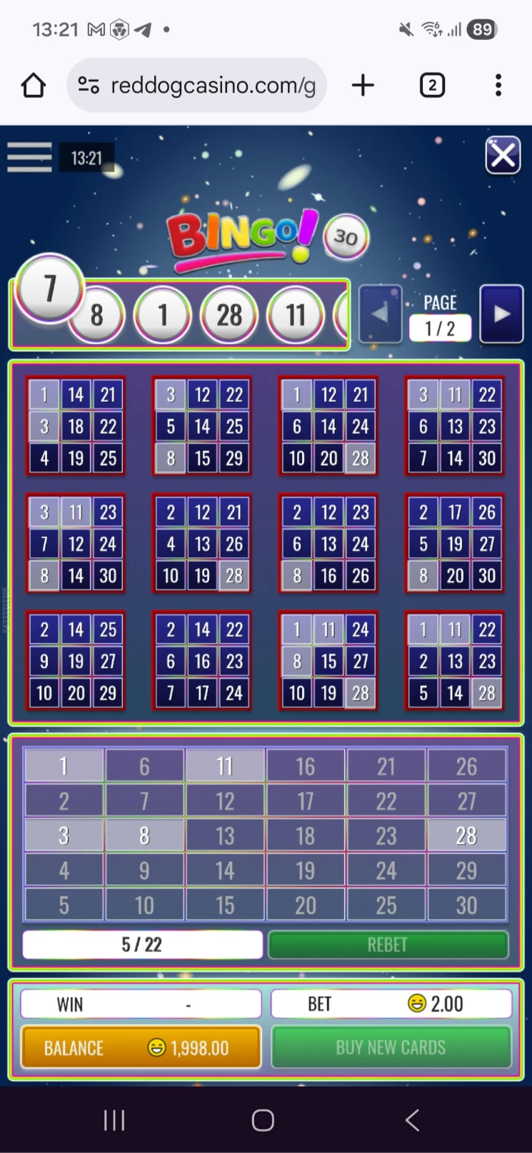 30-Ball Bingo by Rival on S24 Ultra at Red Dog Casino