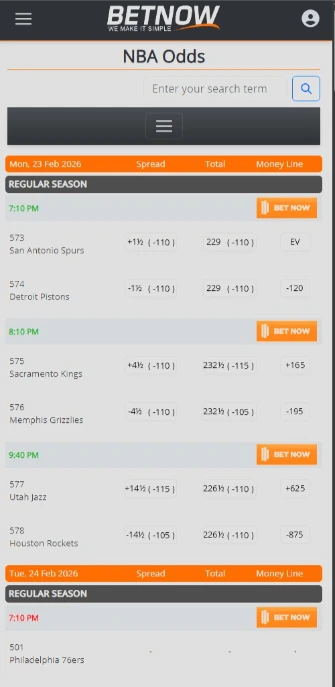 BetNow Mobile Browser Interface
