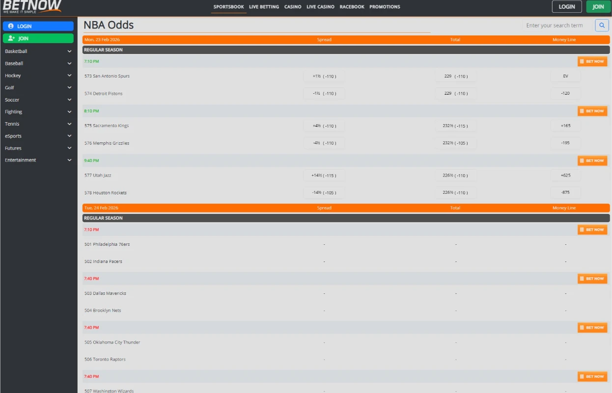 BetNow Main Sportsbook Interface