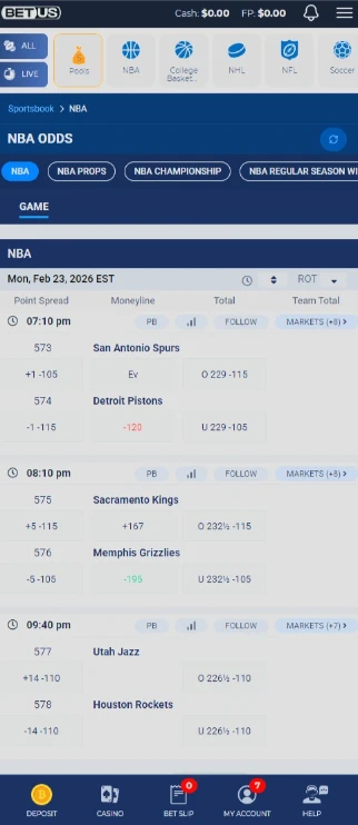 BetUS Mobile Browser Interface