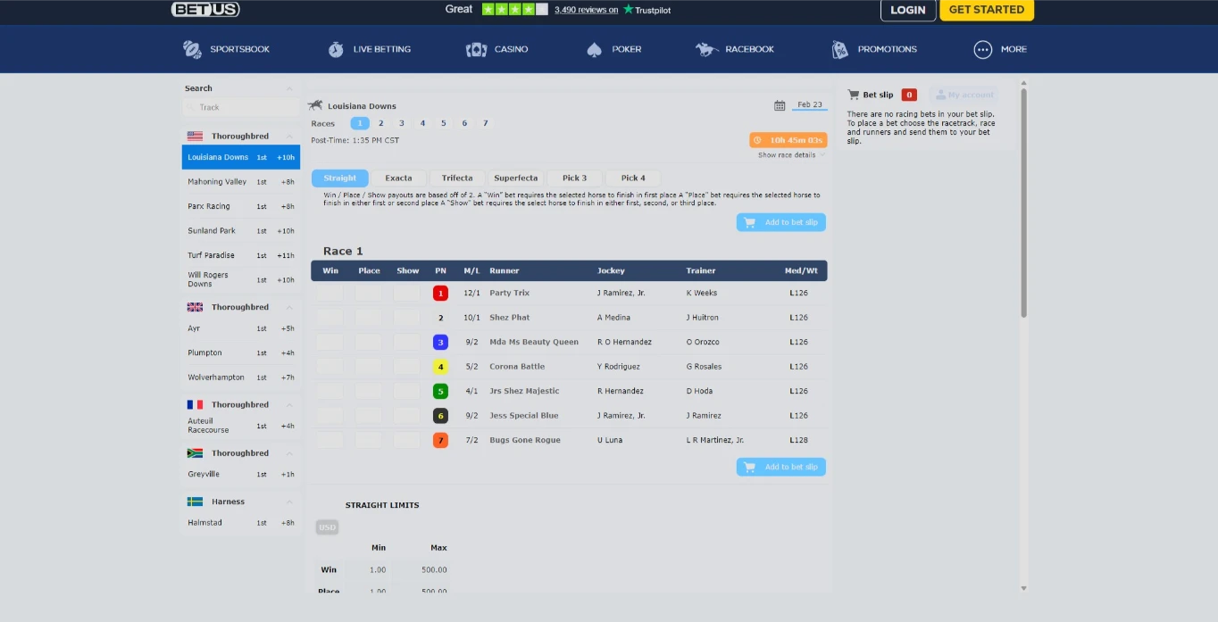 BetUS Global Racebook Interface