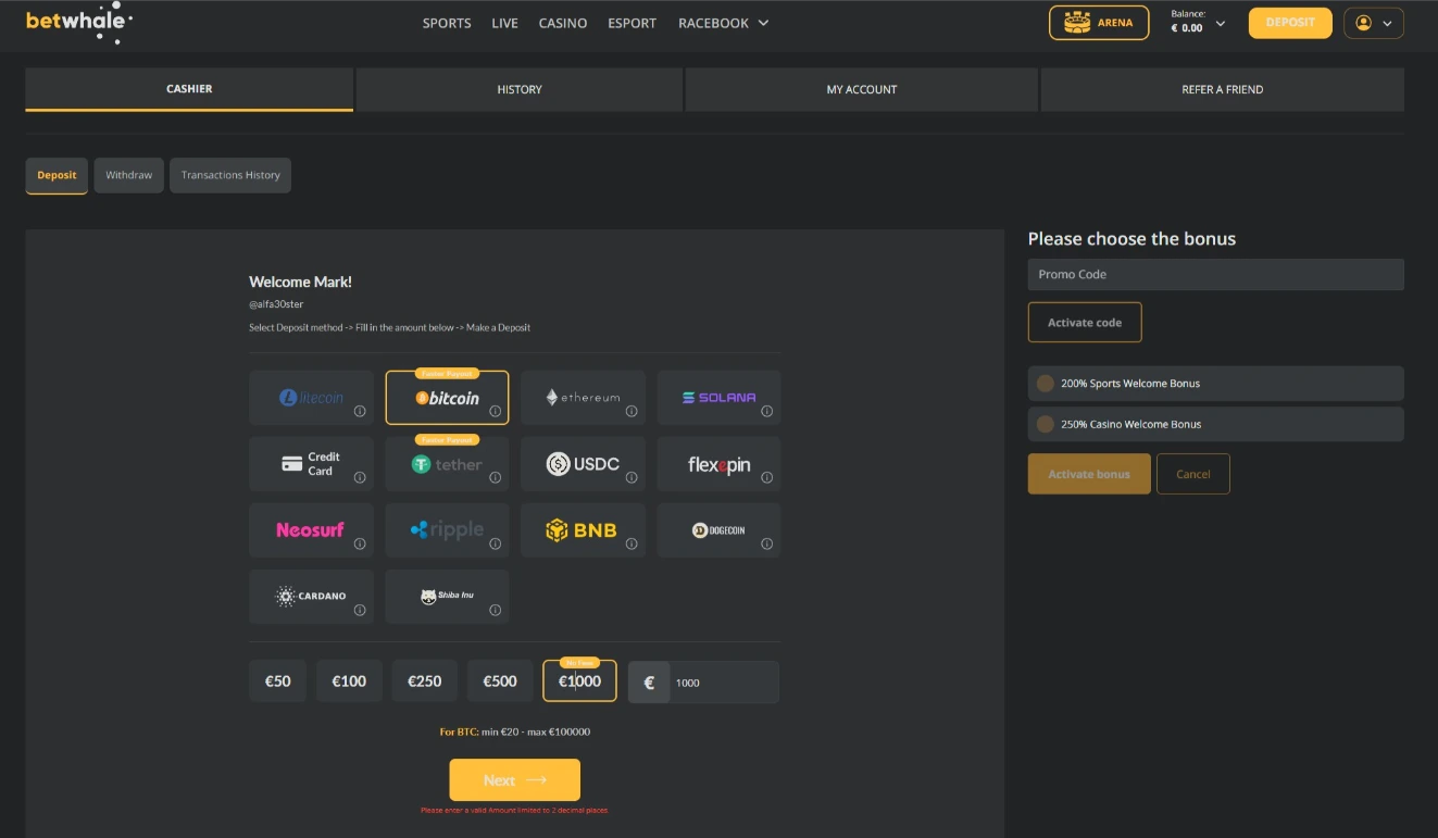 BetWhale Cashier Deposit Options 2026