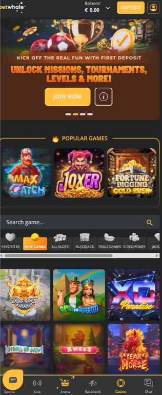 BetWhale Mobile Browser Interface