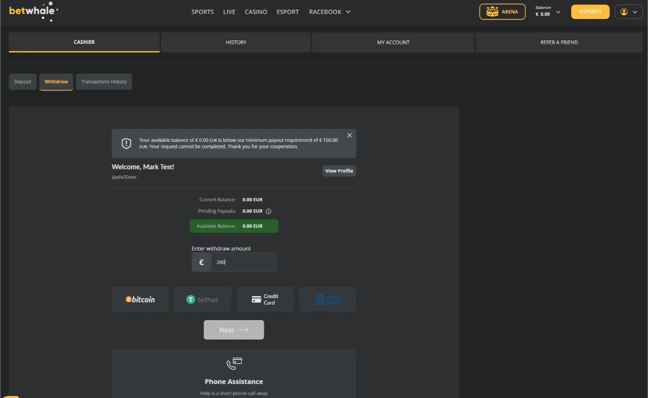 BetWhale Cashier Withdrawal Options Including Card Payouts