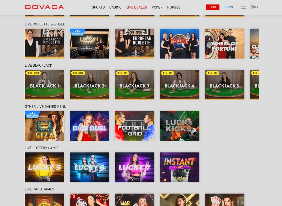 Bovada Live Casino Interface