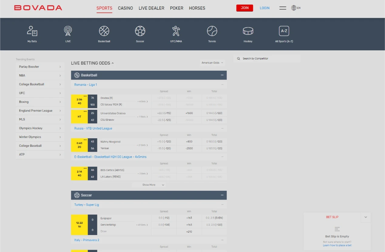 Bovada Sportsbook Interface 2026