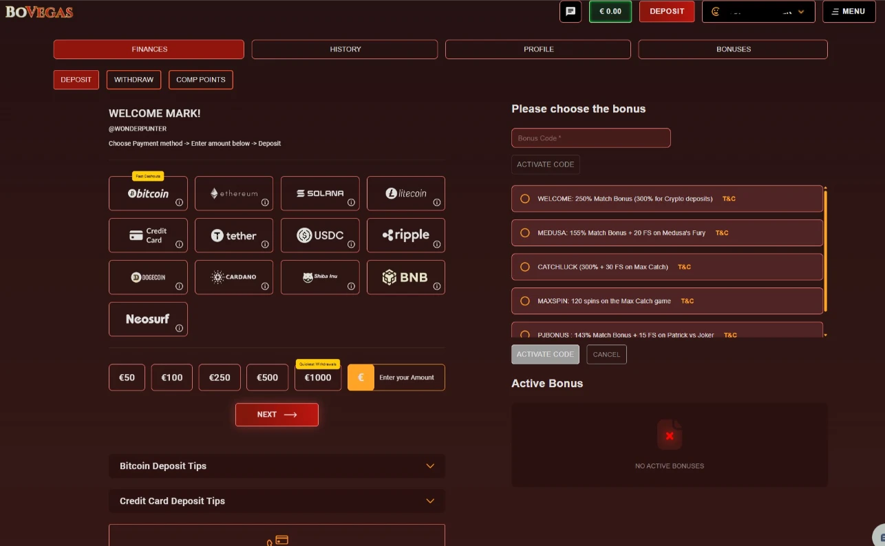 BoVegas Casino Main Deposit Cashier Interface showing Bitcoin and Credit Cards