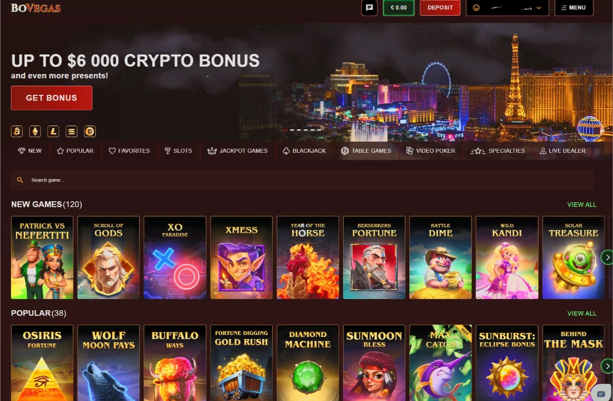 BoVegas Casino Main Neon Lobby Dashboard