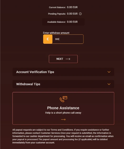 BoVegas Casino Withdrawal Request Dashboard