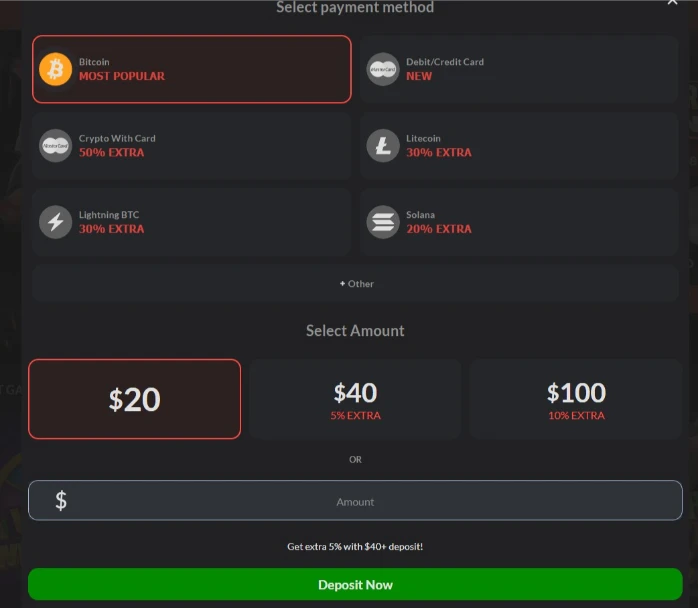 Casino Extreme Deposit Cashier Showing Debit Cards and Extensive Crypto Wallets