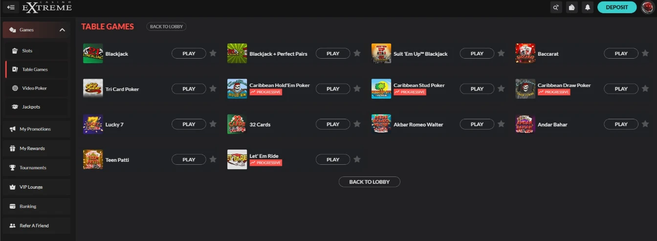 Casino Extreme RNG Table Games Lobby