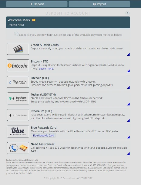 CasinoMax Deposit Cashier Interface