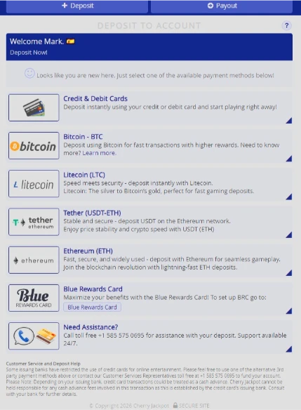 Cherry Jackpot Deposit Methods and Cashier Interface