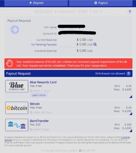 Cherry Jackpot Payout Section and Withdrawal Methods