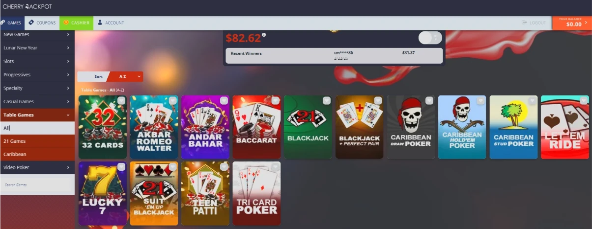 Cherry Jackpot RNG Table Games Interface