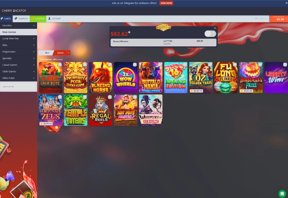 Cherry Jackpot Main Lobby Interface