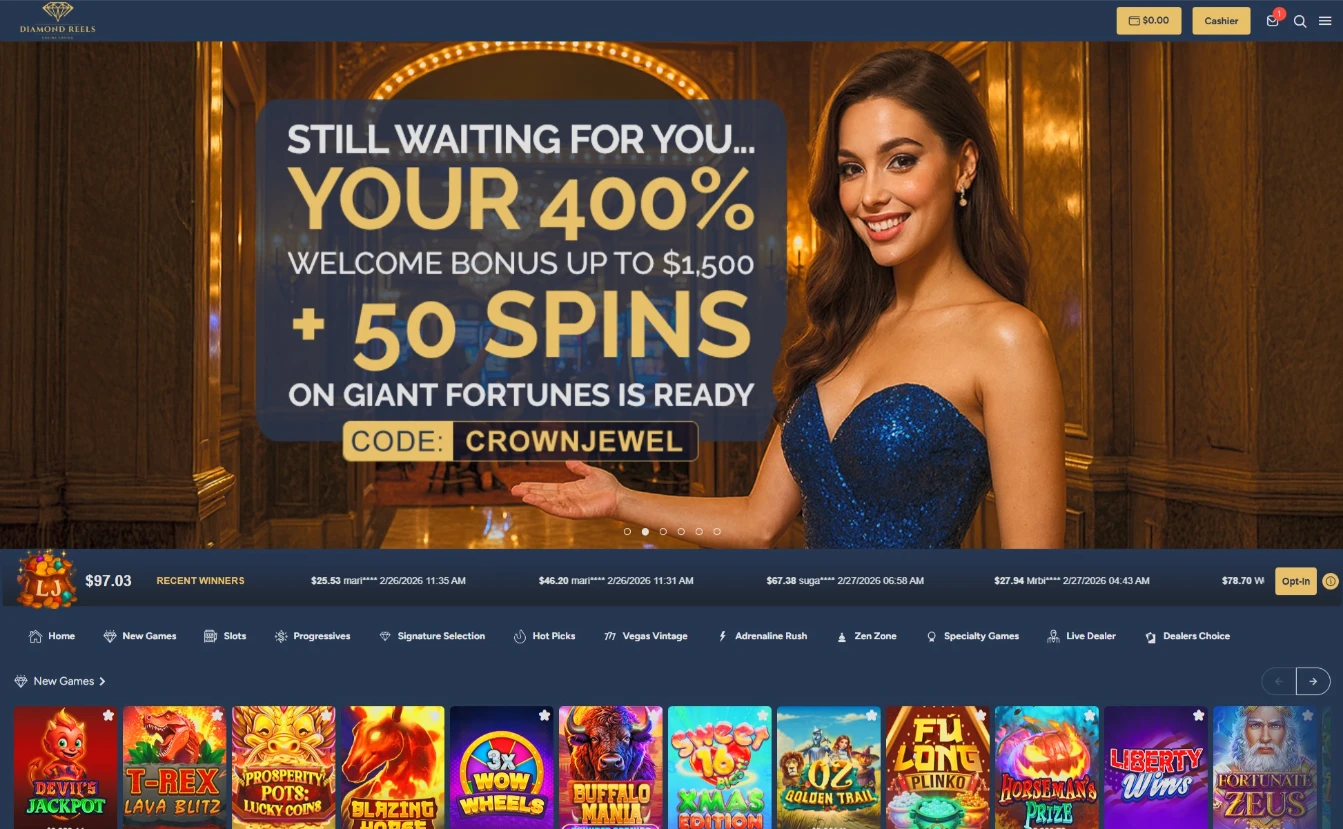 Diamond Reels Main Casino Lobby Interface