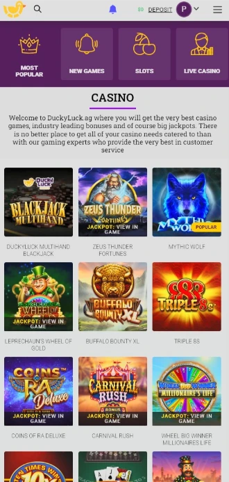 DuckyLuck Mobile Casino Interface