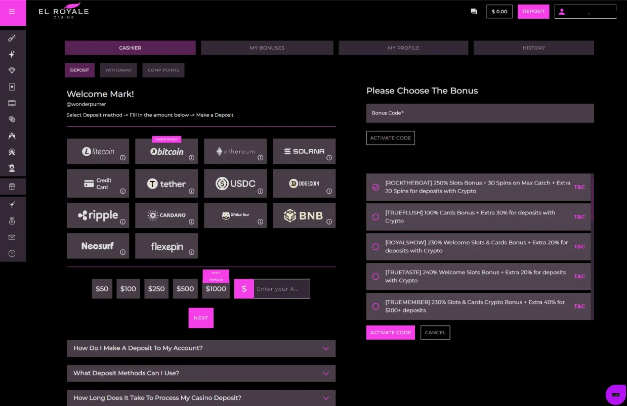 El Royale Casino Deposit Options and Crypto Interface
