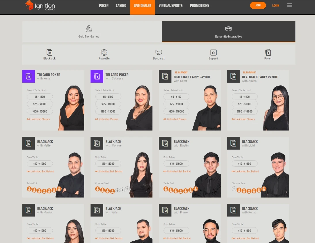 Ignition Live Casino Tables