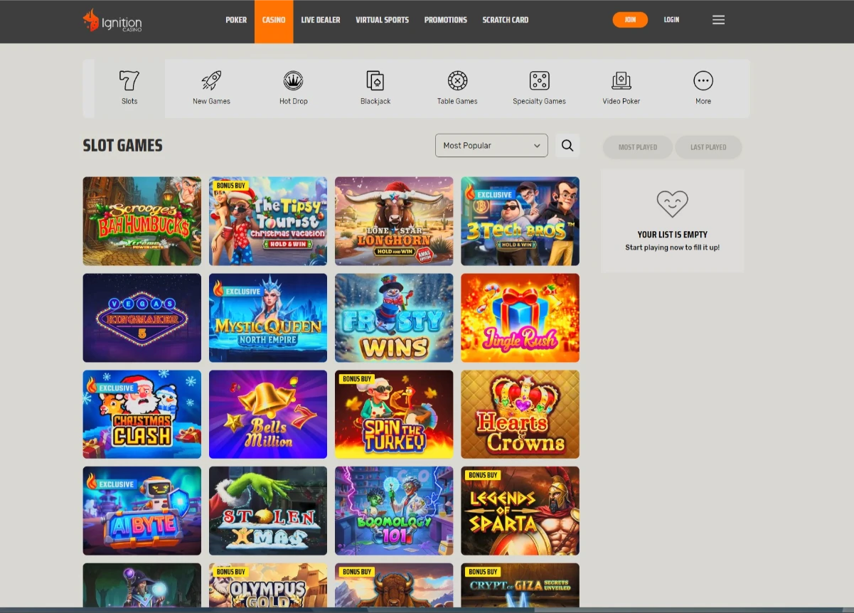 Ignition Casino Slots Sorting Interface