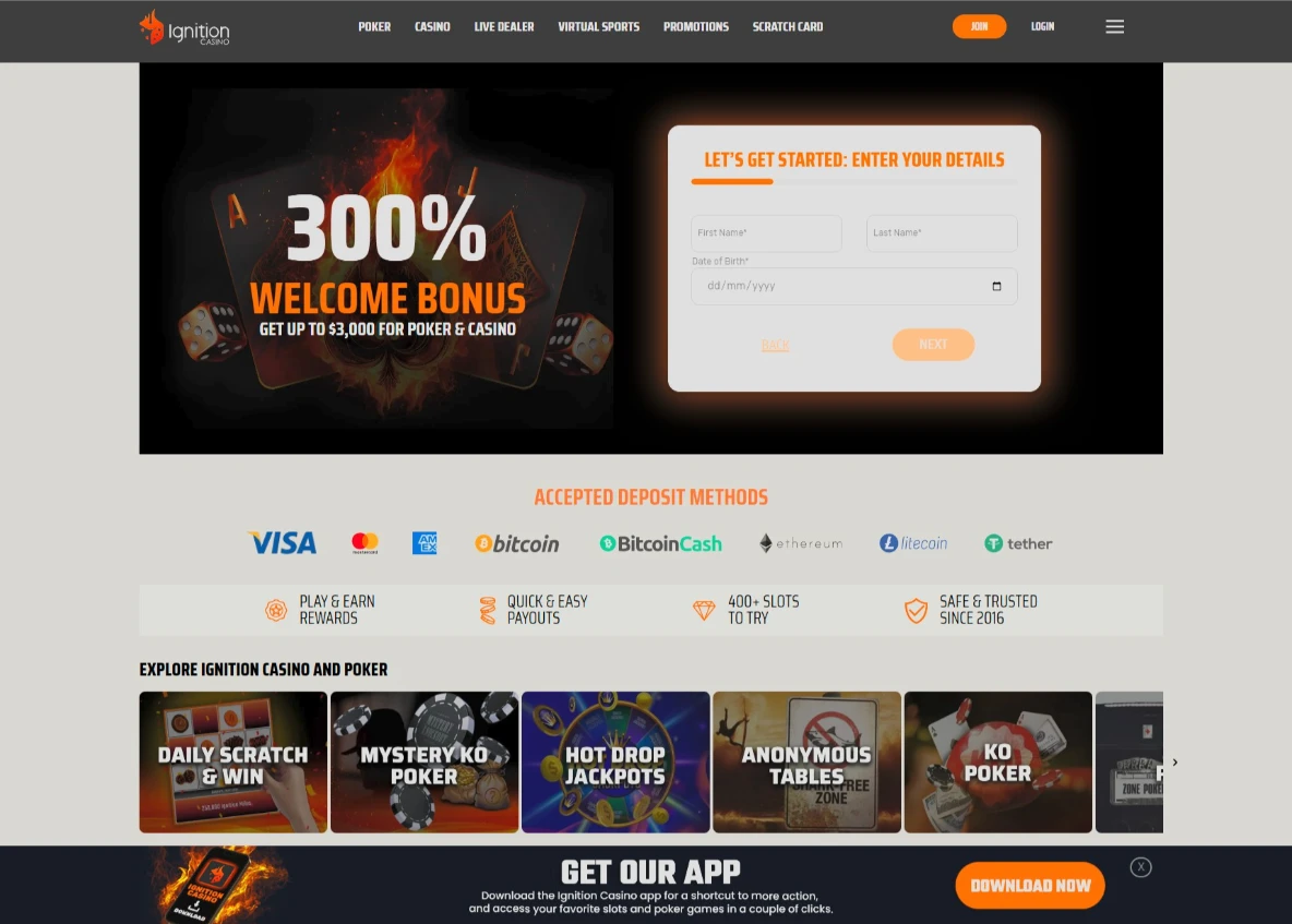 Ignition Casino Main Lobby Interface 2026