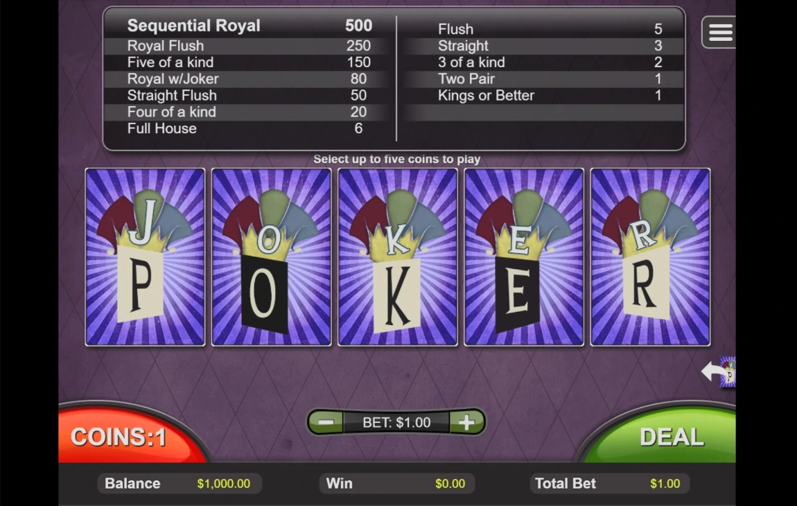 Joker Poker RTG Interface