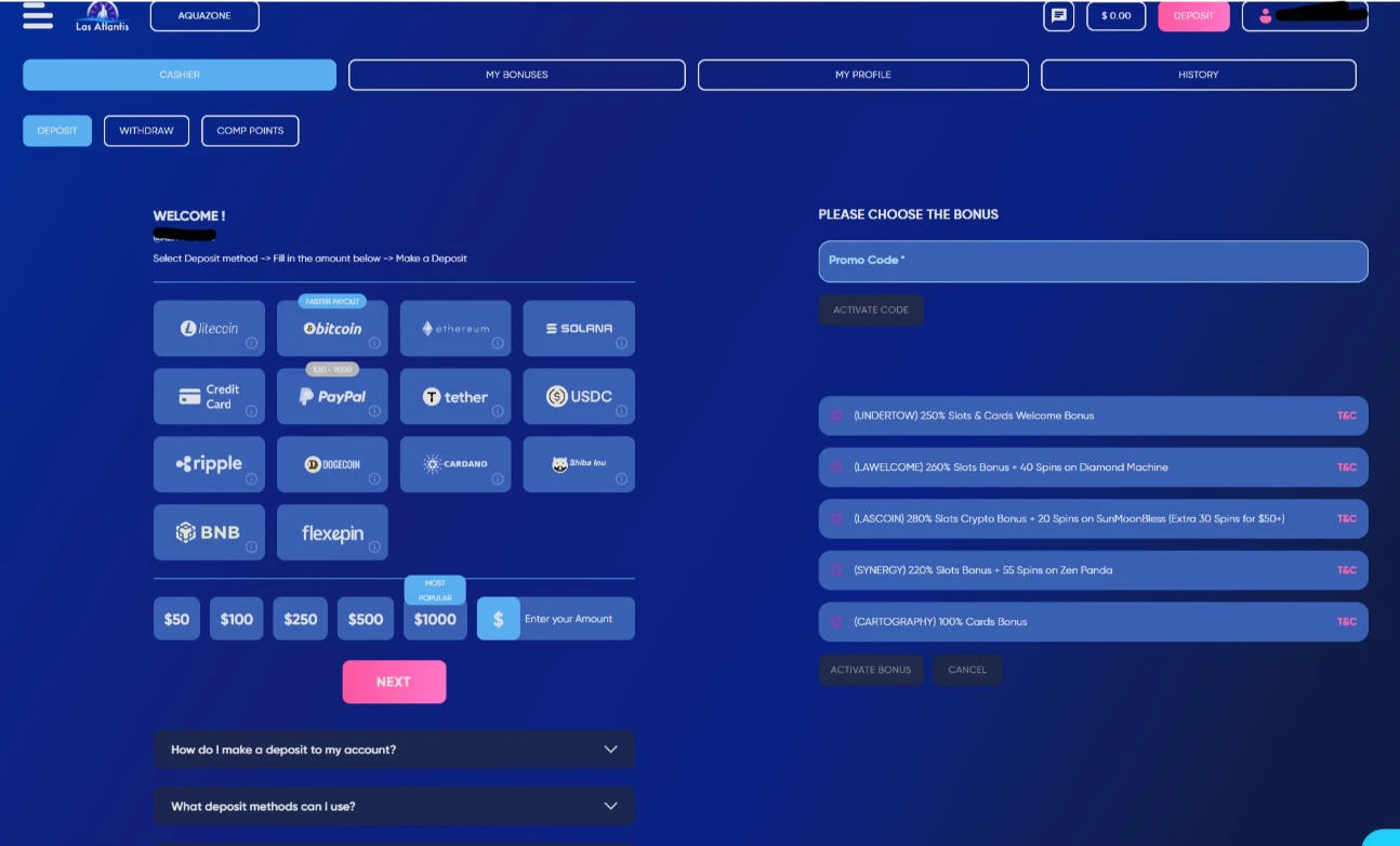 Las Atlantis Deposit Cashier Featuring PayPal and Altcoins
