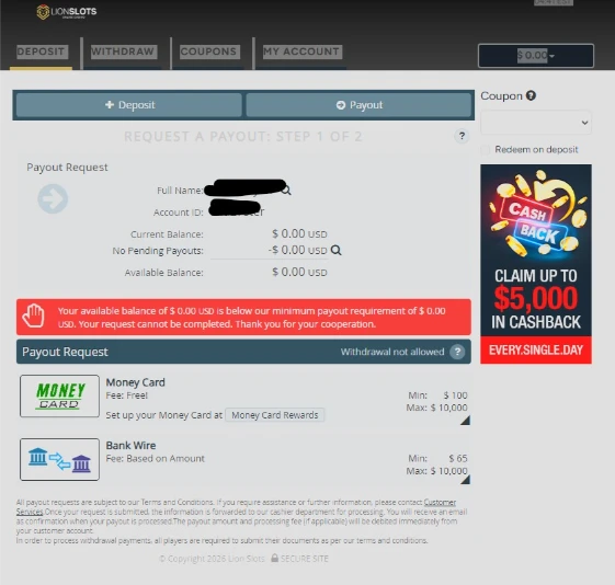Lion Slots Highly Restricted Withdrawal Screen