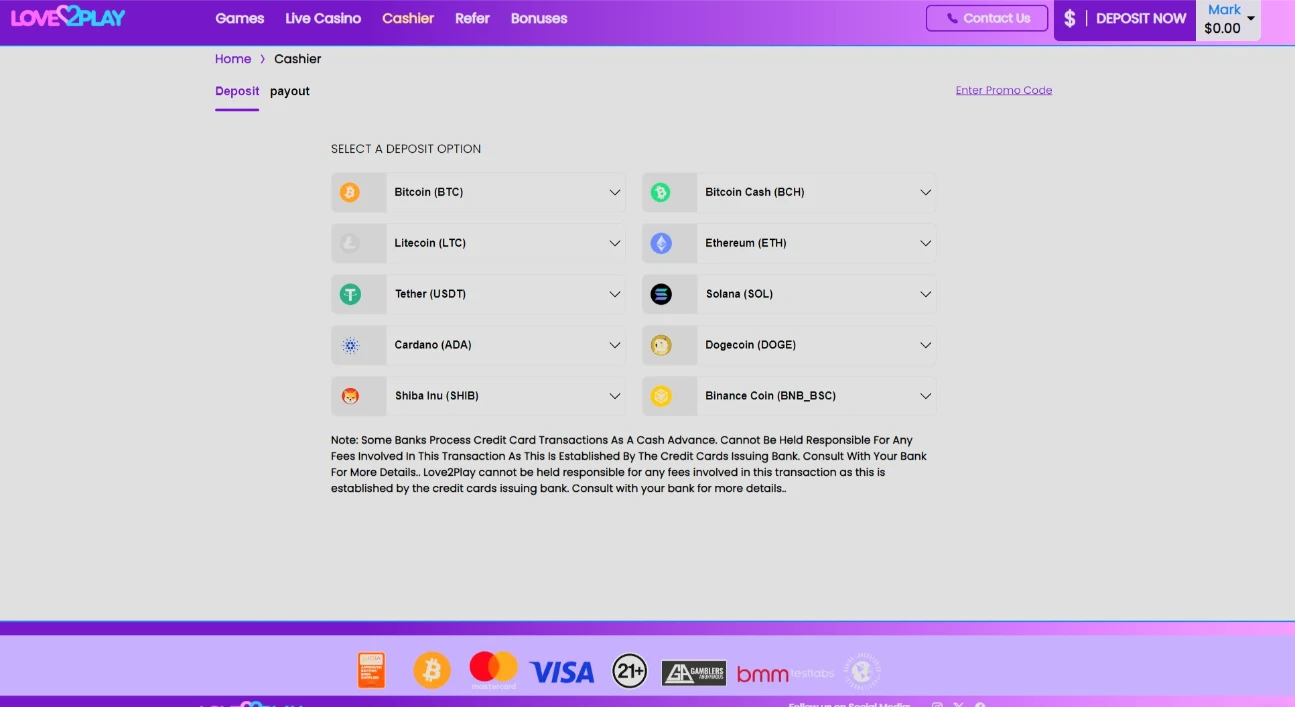 Love2Play Casino Deposit Cashier