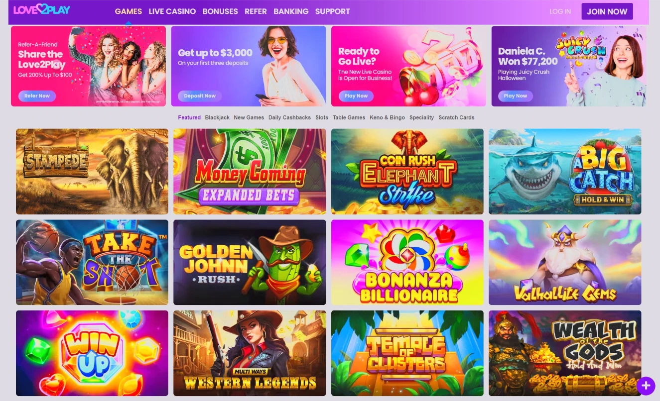 Love2Play Casino Main Lobby Interface