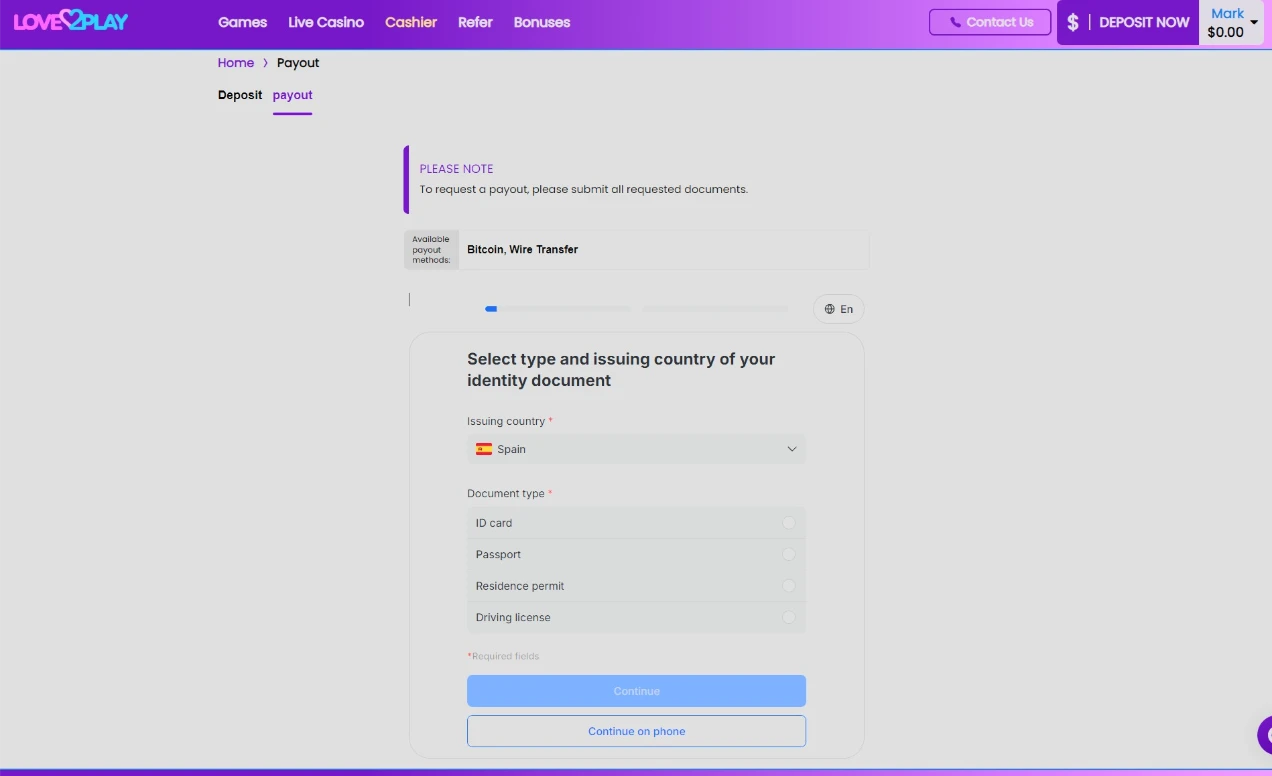 Love2Play Casino Withdrawal KYC Request Interface