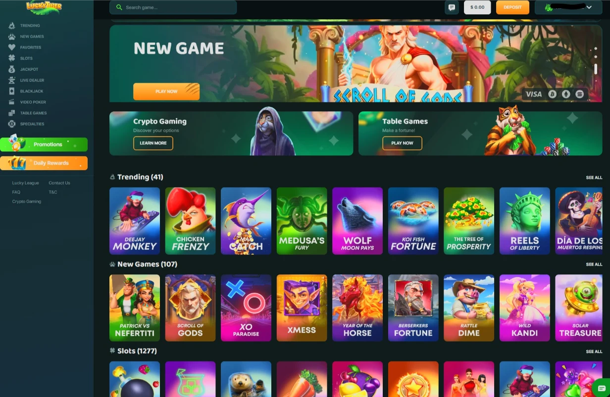Lucky Tiger Casino Main Dashboard and Quest Interface