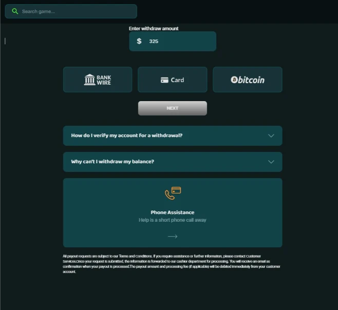 Lucky Tiger Casino Cashier Displaying a $325 Withdrawal Request
