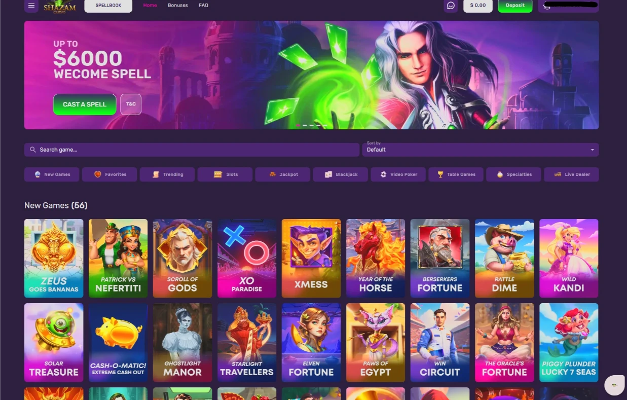 Shazam Casino Main Lobby Interface