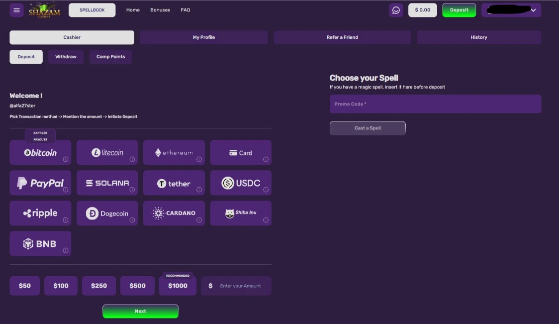 Shazam Casino Deposit Methods and Cashier Interface