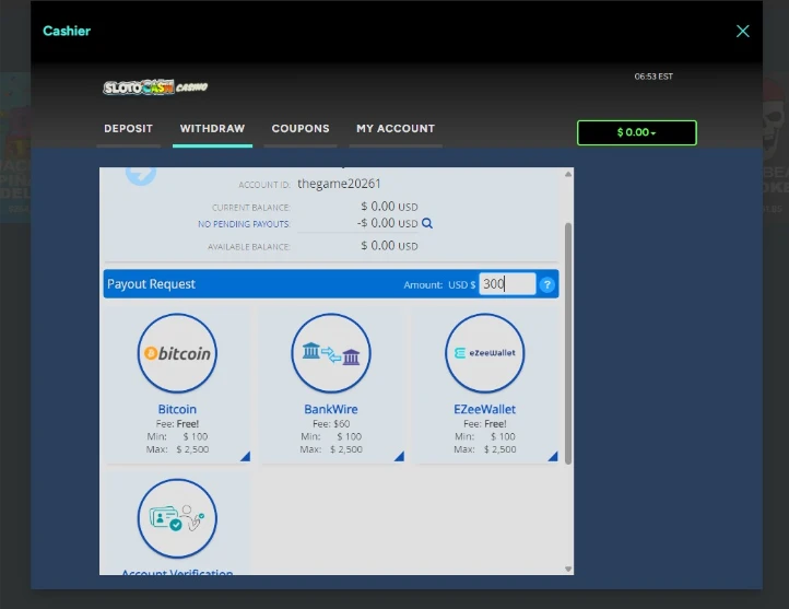 Sloto Cash 300 Payout Request Verification