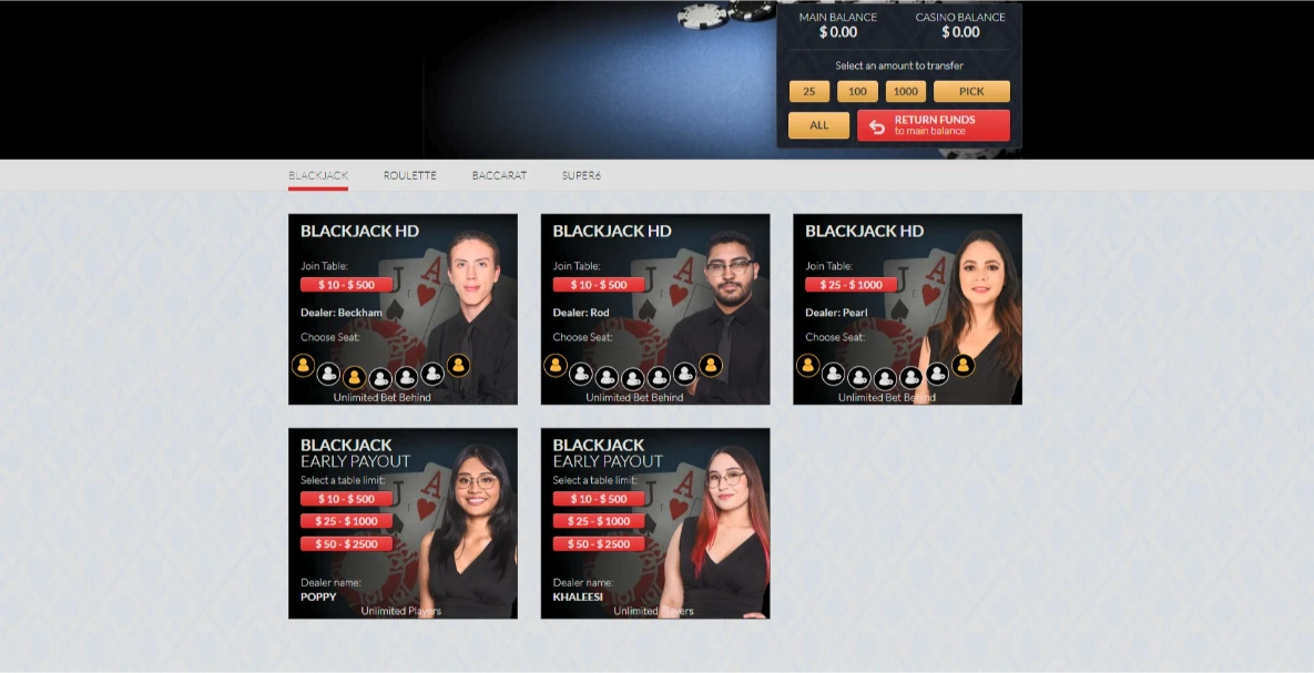 Sloto Cash Basic Live Dealer Tables