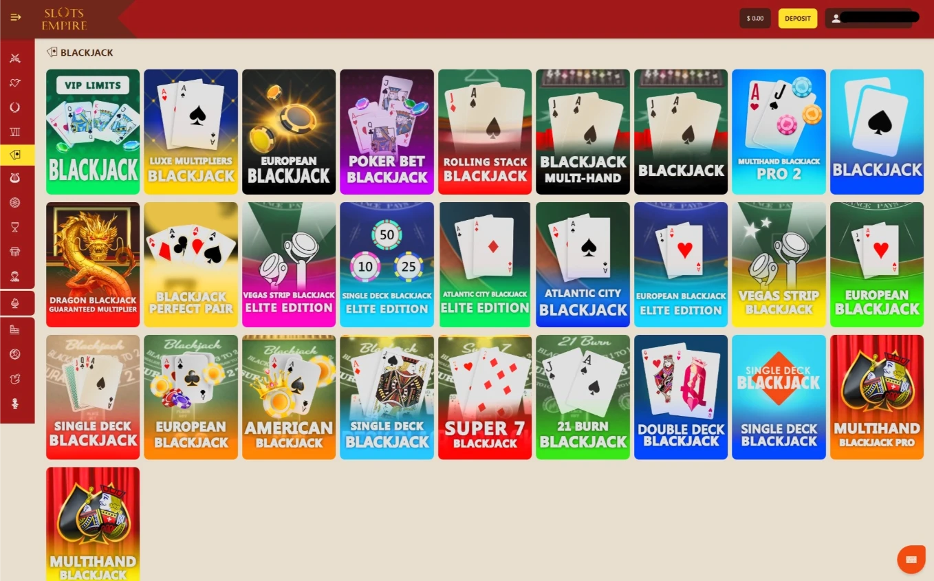 Slots Empire Digital Blackjack Tables