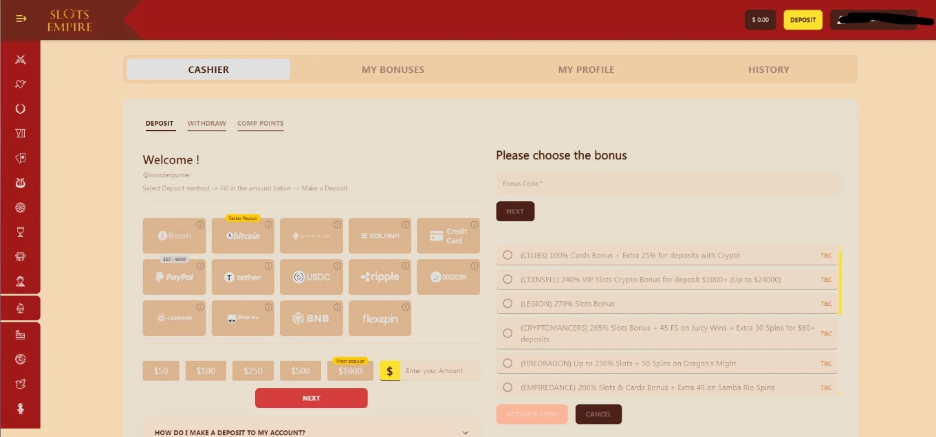 Slots Empire Deposit Cashier Featuring PayPal and Altcoins