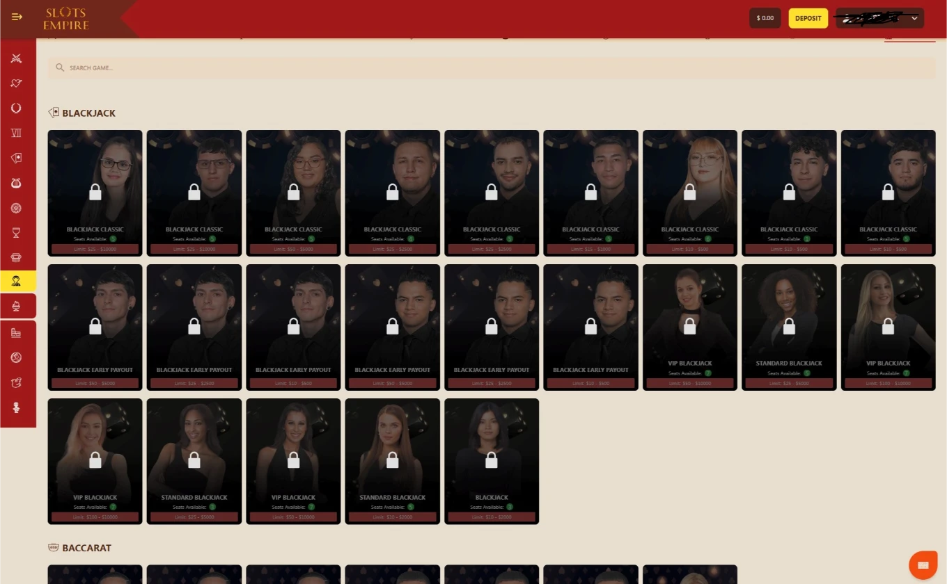 Slots Empire Live Dealer Casino Locked Access