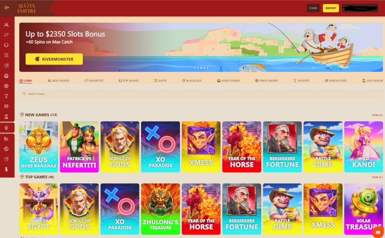 Slots Empire Main Casino Lobby Interface