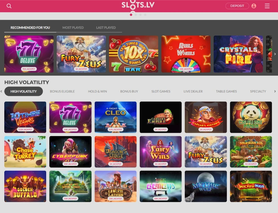 Slots.lv High Volatility Slot Section