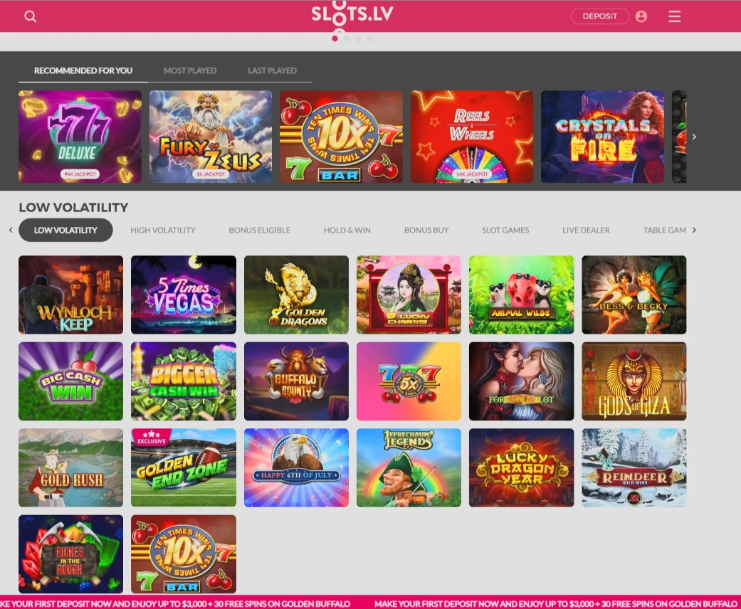 Slots.lv Low Volatility Slot Section