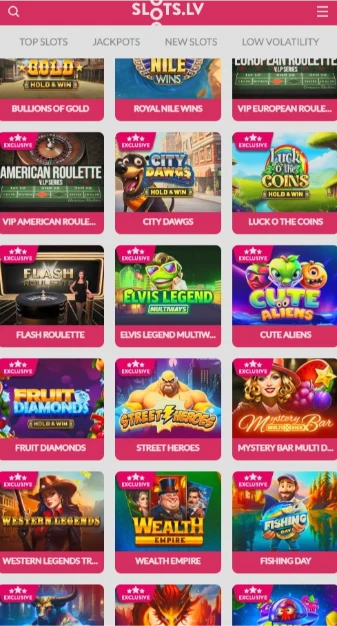 Slots.lv Mobile Browser Interface