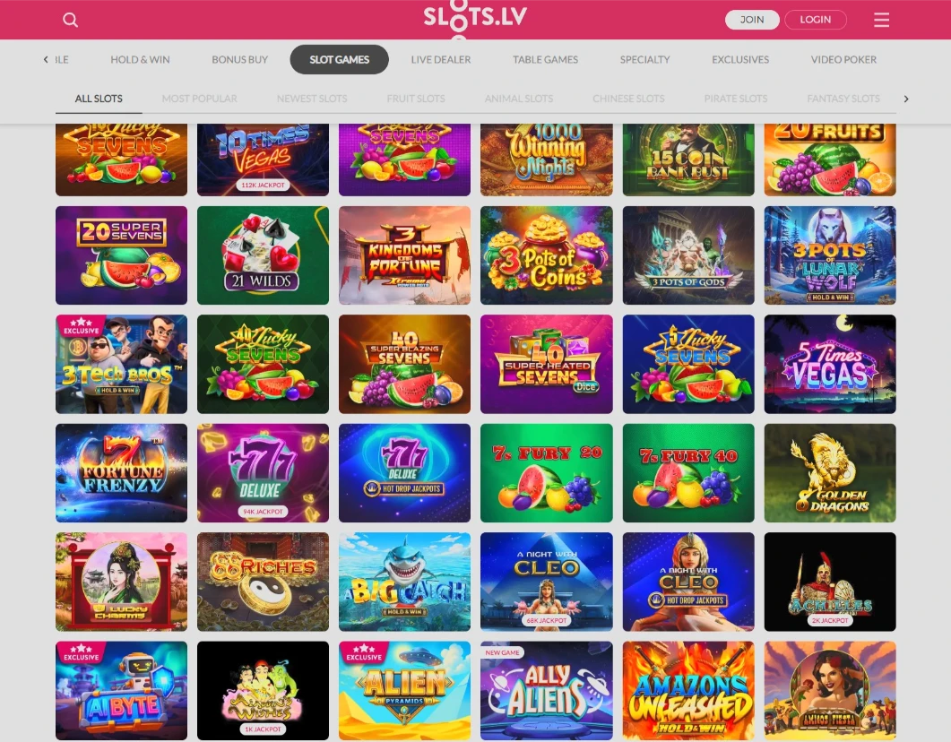 Slots.lv Game Selection Interface