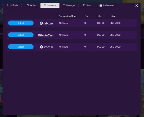 Slots Paradise Crypto Withdrawal Options Showing BTC, BCH, and LTC